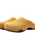 Pair of tan clogs on a white background