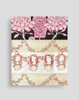 Top section with pink floral patterns on a black background, bottom section with red floral patterns on a beige background.