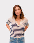 Majestic Filatures Linen Polo in Blue Stripe