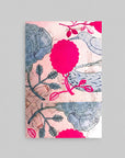 Illustration of a pink flower, blue bird, and green leaves on a pink background with text.