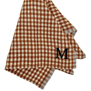 Cognac Gingham Tea Towel with Custom Embroidery