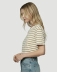 Cotton Linen Short Sleeve Crew in Latte Stripe