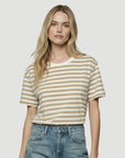 Cotton Linen Short Sleeve Crew in Latte Stripe