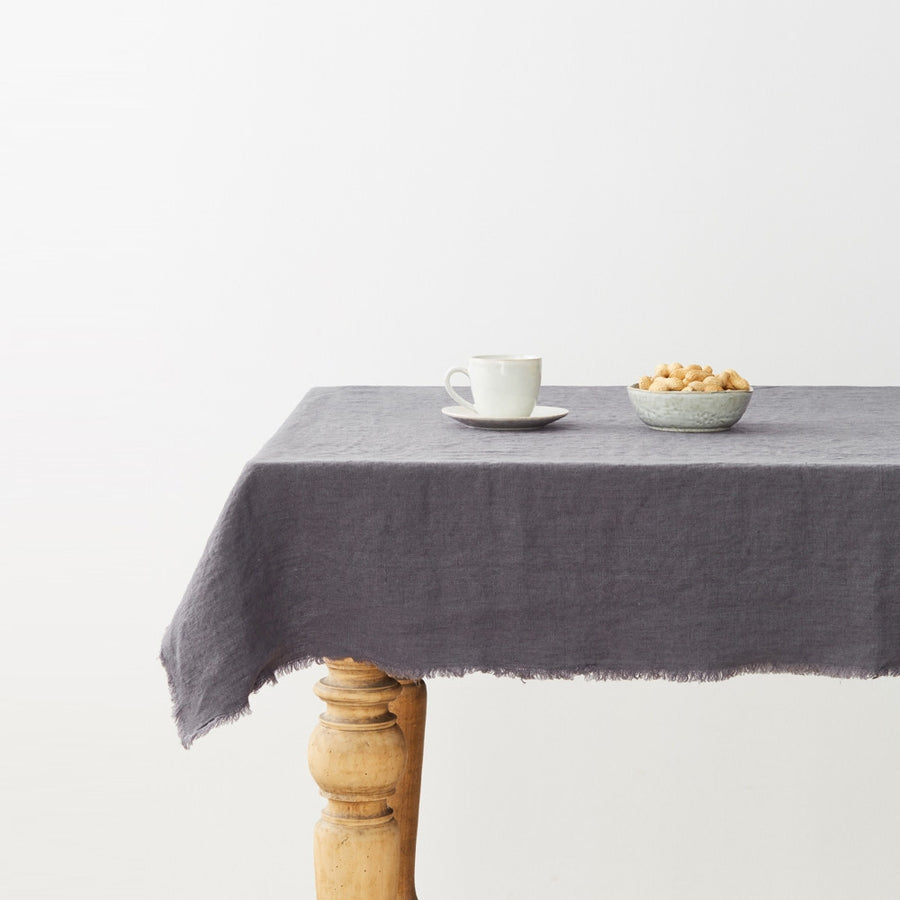 Dark Grey Fringe Linen Tablecloth 55"x138"