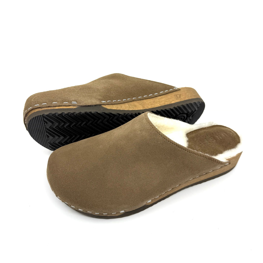 Ella Suede Clogs with Shearling in Umber