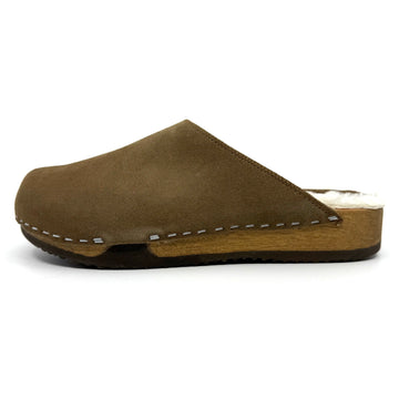 Ella Suede Clogs with Shearling in Umber