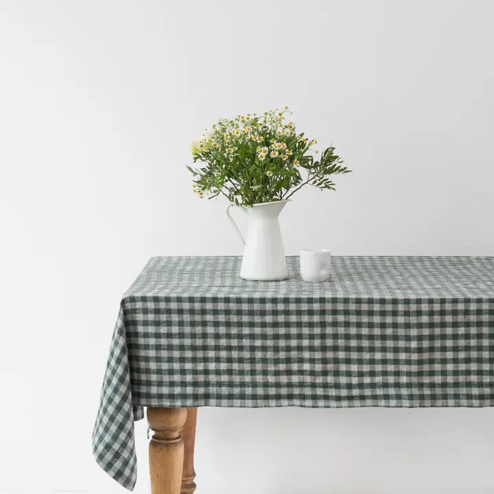 Forest Green Gingham Linen Tablecloth 55"x118"