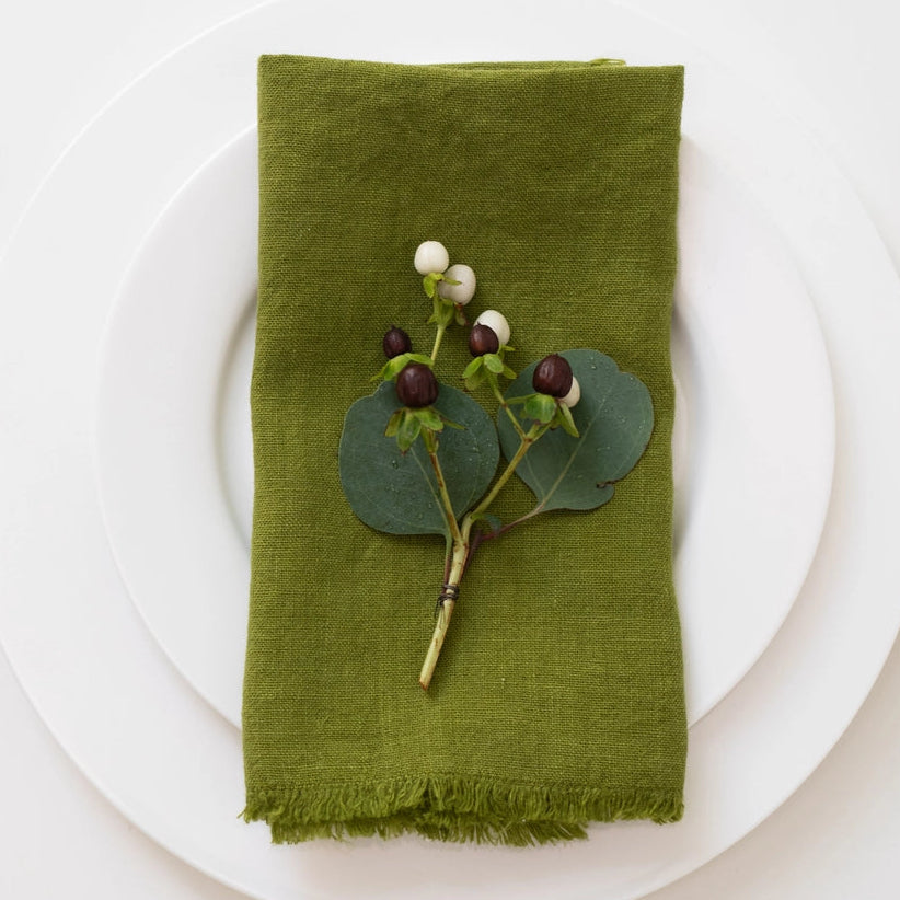 Green Fringe Linen Napkins Set of 4