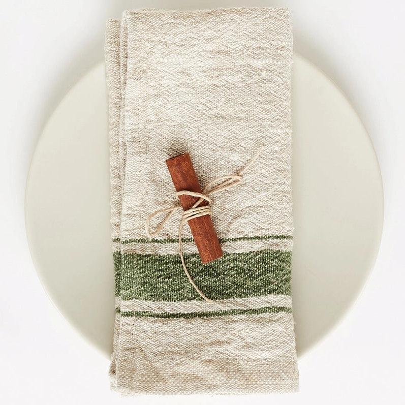 Green Stripe Vintage Linen Napkins Set of 4