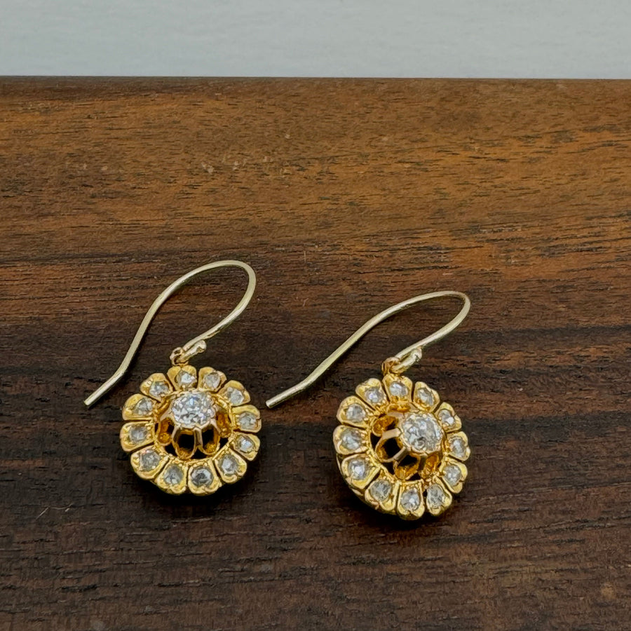 Vintage Victorian Era French 18k Yellow Gold & Old Cut Diamond Earrings