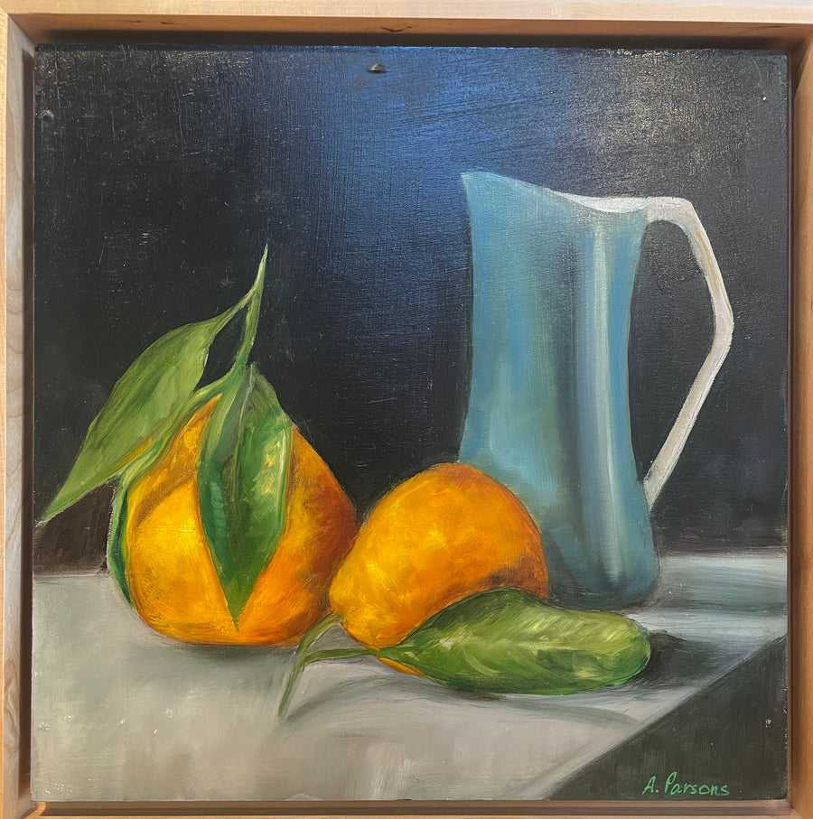 "Tangerines with Blue Pitcher" by Alison Parsons