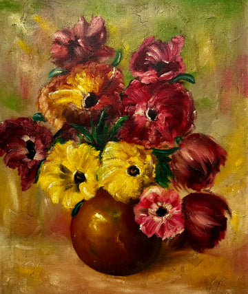 Vintage Floral in Marron Vase Oil Painting