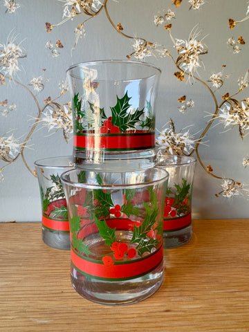 Vintage Holly Berry Fluted Glasses, Set/4