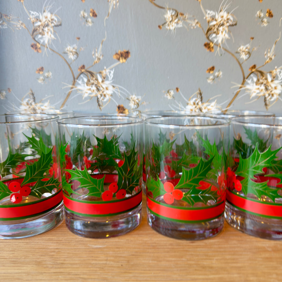 Vintage Holly Berry Old Fashioned Glasses, Set/8