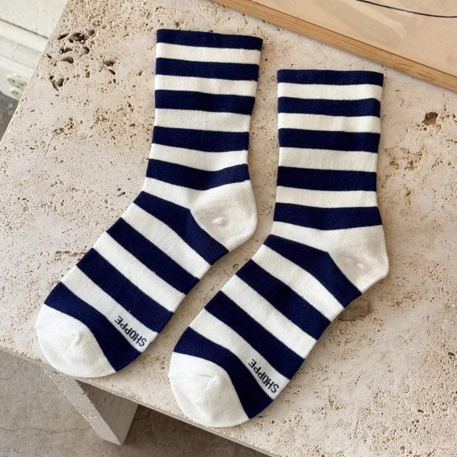 Le Bon Wide Stripe Wally Socks in Navy Stripe