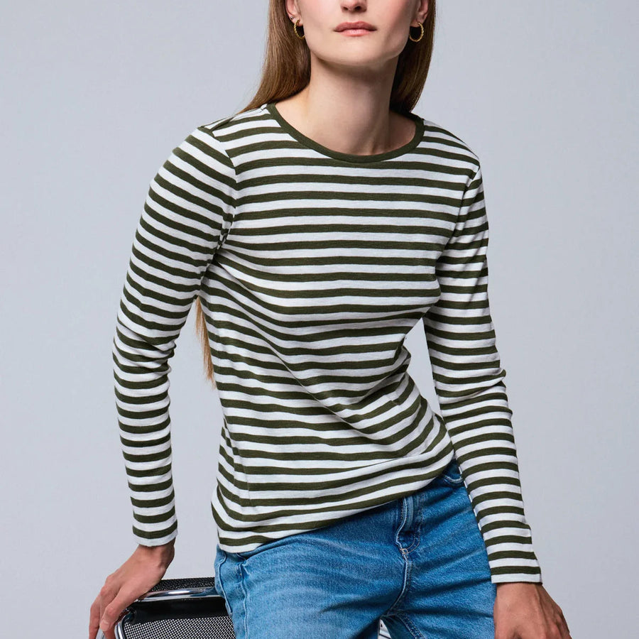 Organic Cotton Long Sleeve Crew in Forest & Milk Stripe