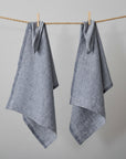 Set of 2 Linen Tea Towels Navy Antico Melange Black White