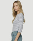 Stretch Linen Boatneck Top in Blue Stripe
