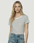 Stretch Linen Short Sleeve Crew in Noir Stripe