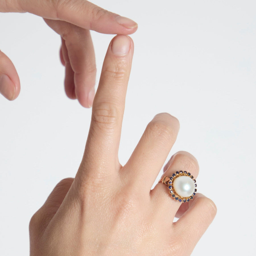 Vintage Baroque Pearl and Sapphire Halo Ring