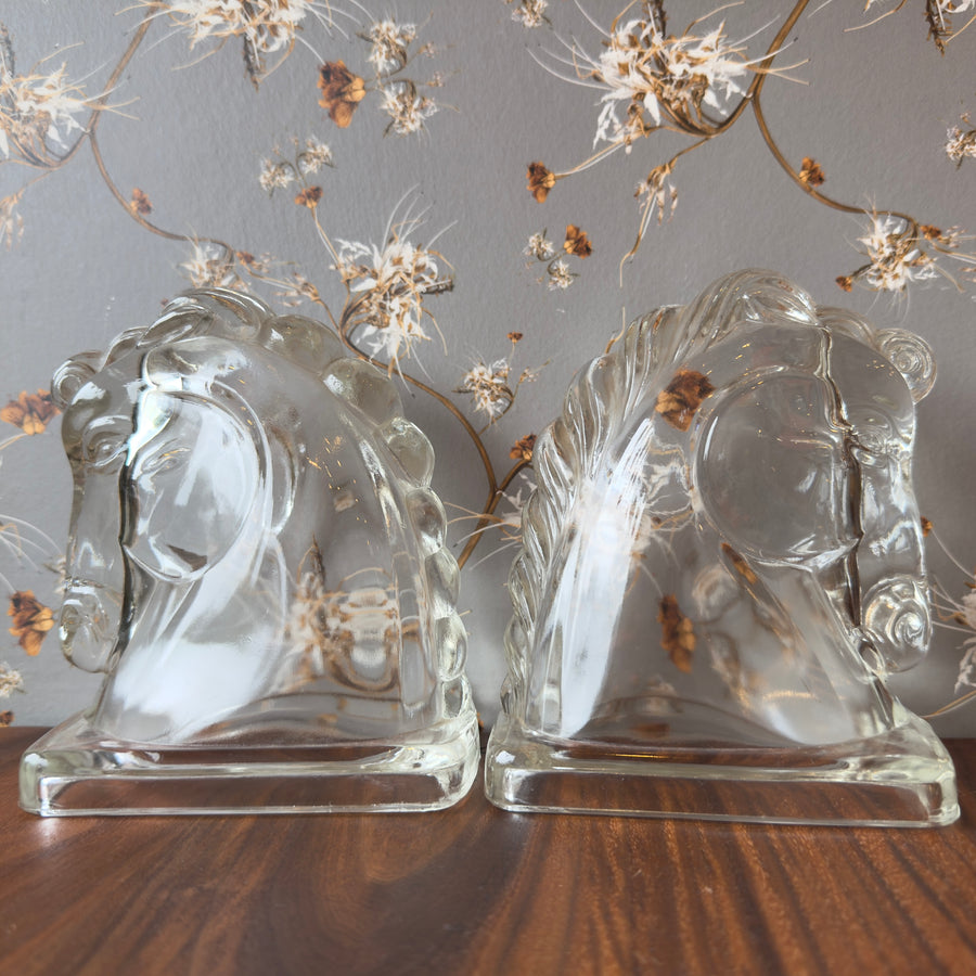 Vintage Glass Horse Head Bookends