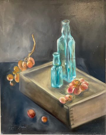 "Glass Bottles with Grapes" by Alison Parsons