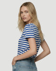 Majestic Stretch Linen Short Sleeve Crew in Blue Stripe