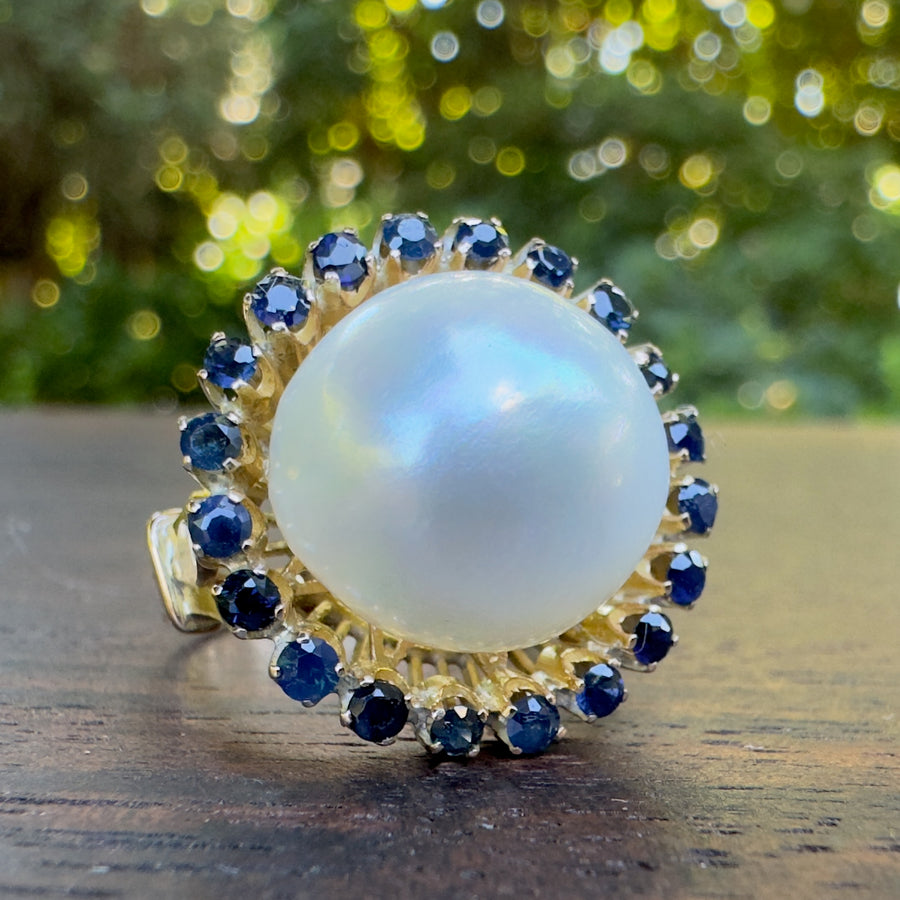 vintage baroque pearl sapphire halo ring